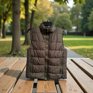 Laura Ashley Polka Dot Puffer Vest Womens Small Olive Green Full Zip Pockets